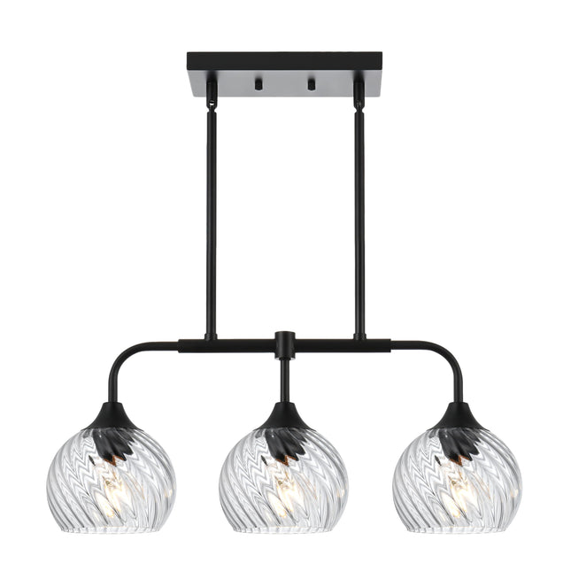 MELUCEE Dining Room Chandeliers with Clear Striped Swirl Glass Shade, 3 Light Black Kitchen Island Lighting Fixtures Ceiling Linear Pendant Light for Kitchen Dining Room Bar, Height Adjustable