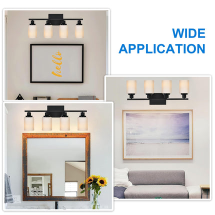 MELUCEE Bathroom Vanity Light Matte Black with Milky White Glass Shade, Modern 4-Light Bathroom Wall Lights Over Mirror Wall Mount Lamp for Dressing Room Living Room Hallway