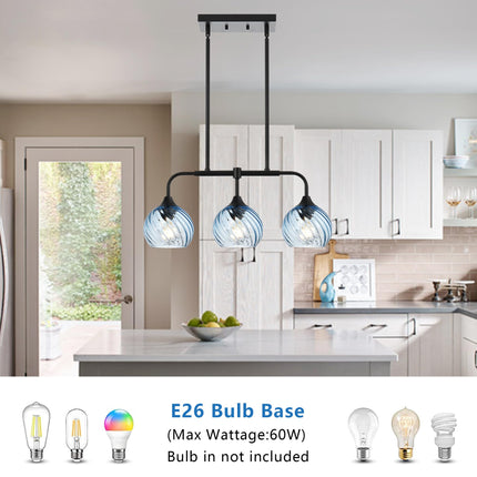 MELUCEE 3-Light Island Lights for Kitchen Island Linear Chandelier Black with Blue Striped Swirl Glass Shade Modern Dining Table Light for Bar Dining Room Kitchen Island Over Sink, Height Adjustable