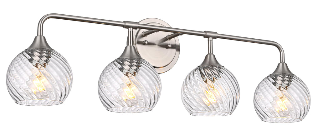 MELUCEE Bathroom Vanity Light Brushed Nickel 4 Lights with Clear Striped Swirl Glass Shade, 33" Vanity Lighting Fixtures Over Mirror Modern Bathroom Wall Lights for Powder Room Kitchen Foyer