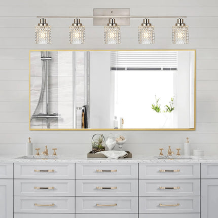 MELUCEE 5 Lights Brushed Nickel Bathroom Light Fixture Modern Light Fixtures Wall Mounted Modern Vanity Lighting with Hammered Glass Shade Suitable for Bathroom Mirror Sink Cabinet