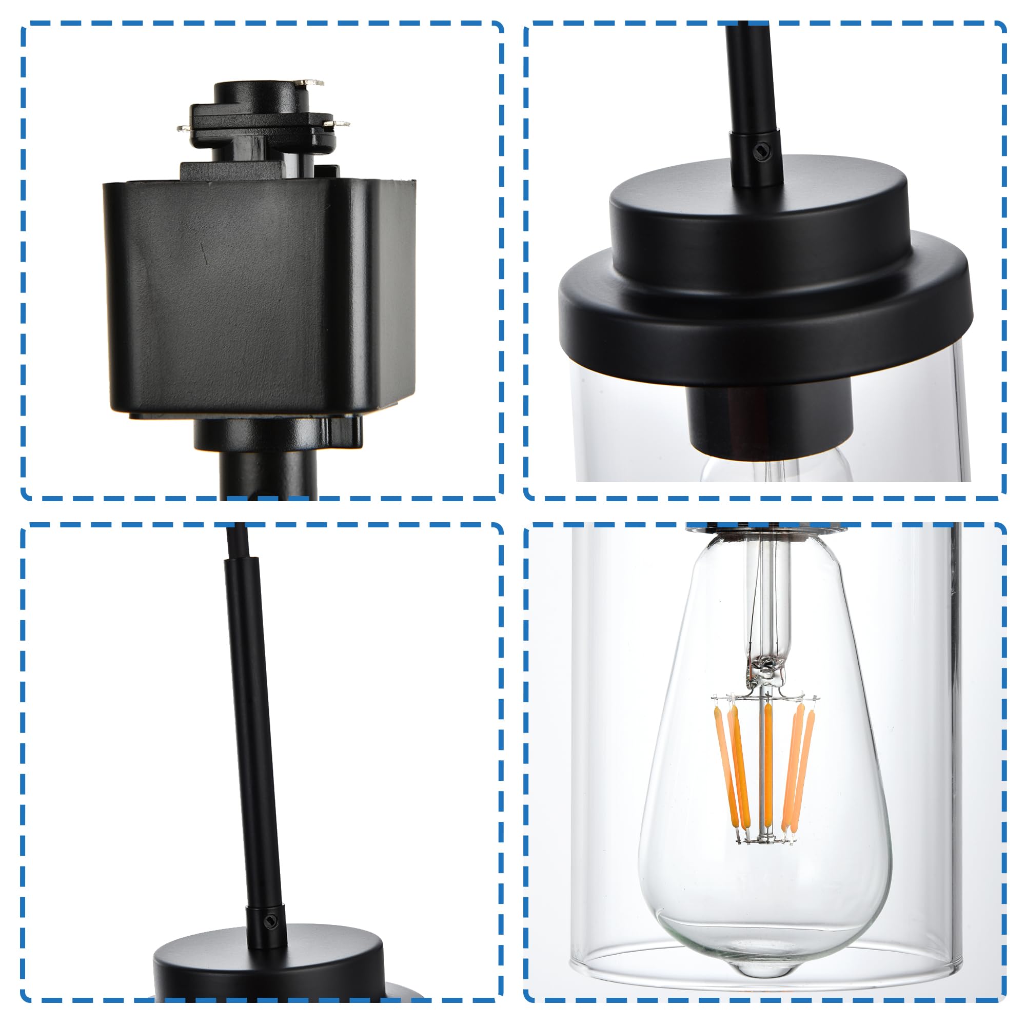MELUCEE 4-Pack H-Type Track Pendant Lights - Black Ceiling Lighting With Clear Glass