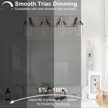MELUCEE 4-Light Bathroom Lighting Fixtures Brushed Nickel, Dimmable LED Vanity Light for Bathroom 5CCT Bubble Crystal Bath Wall Lights with Clear Glass Shade, Built-in Led Chips