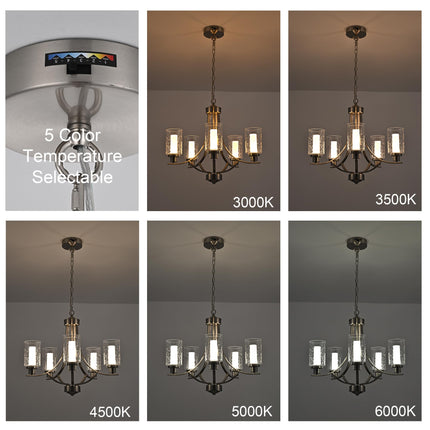 MELUCEE 5 Lights Modern LED Chandeliers for Dining Room Brushed Nickel Kitchen Chandeliers Over Table 5CCT Dimmable Hanging Ceiling Light Led Pendant Light with Seeded Glass Shade, Built-in LED Chips