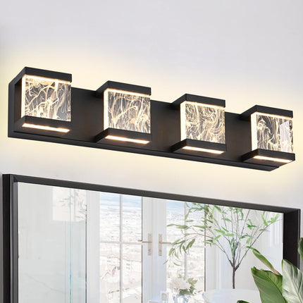 MELUCEE 4 Lights LED Bathroom Vanity Light with Unique Smoke Acrylic Panel Modern Vanity Lighting Black Bathroom Light Fixtures Wall Sconce for Bath Powder Room Entryway, 20W 3000K Warm Lighting