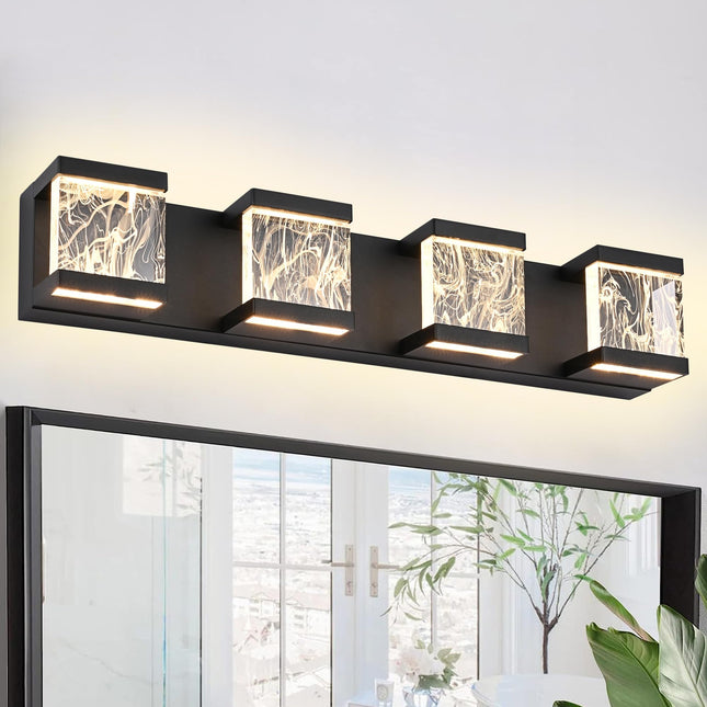 MELUCEE 4 Lights LED Bathroom Vanity Light with Unique Smoke Acrylic Panel Modern Vanity Lighting Black Bathroom Light Fixtures Wall Sconce for Bath Powder Room Entryway, 20W 3000K Warm Lighting