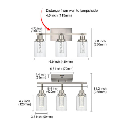 MELUCEE 3-Light LED Track Lighting Brushed Nickel Modern Ceiling Light Bathroom Wall Light with Flexibly Pivoting Heads, Built-in LED Chips, 5-Color Temperature Adjustable