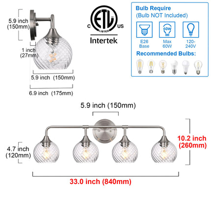 MELUCEE Bathroom Vanity Light Brushed Nickel 4 Lights with Clear Striped Swirl Glass Shade, 33" Vanity Lighting Fixtures Over Mirror Modern Bathroom Wall Lights for Powder Room Kitchen Foyer