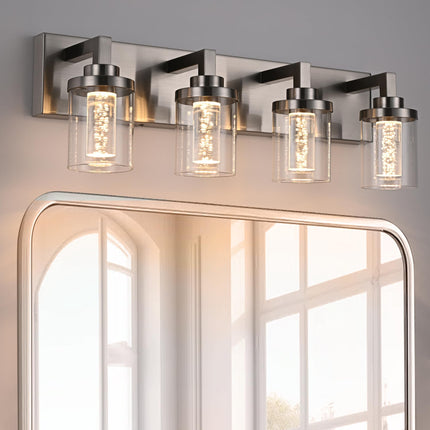 MELUCEE 4-Light Bathroom Lighting Fixtures Brushed Nickel, Dimmable LED Vanity Light for Bathroom 5CCT Bubble Crystal Bath Wall Lights with Clear Glass Shade, Built-in Led Chips