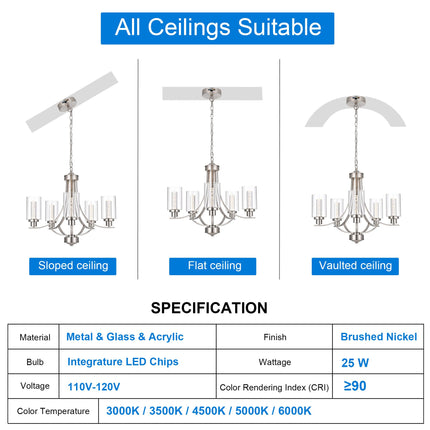 MELUCEE LED Chandeliers for Dining Room 5 Lights Dining Room Light Fixture Brushed Nickel Kitchen Chandeliers Over Table Led Pendant Light with Clear Glass Shade, Built-in LED Chips, 5CCT Adjustable