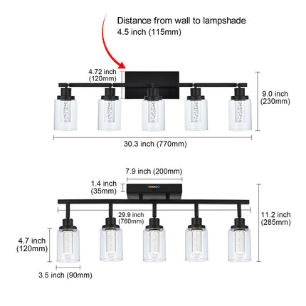 MELUCEE LED Ceiling Spotlight Kitchen Track Lighting Kits 5-Light Bathroom Vanity Light Black Wall Mounted Lamp with Flexibly Rotatable Light Heads, Built-in LED Chips, 5-Color Temperature Adjustable