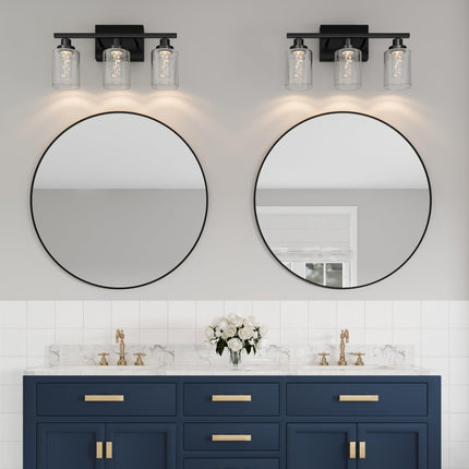 MELUCEE Bathroom Vanity Light Fixtures, 3-Light LED Bathroom Lighting Fixtures Over Mirror, 3000K-6000K Modern Black Vanity Light for Bathroom with Crystal Bubble Glass Shade, Built-in LED Chips