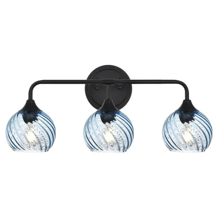 MELUCEE 25 Inch Bathroom Light Fixtures Black, 3-Light Vanity Lights with Blue Striped Swirl Glass Shade, Mid-Century Modern Bathroom Vanity Light Over Mirror
