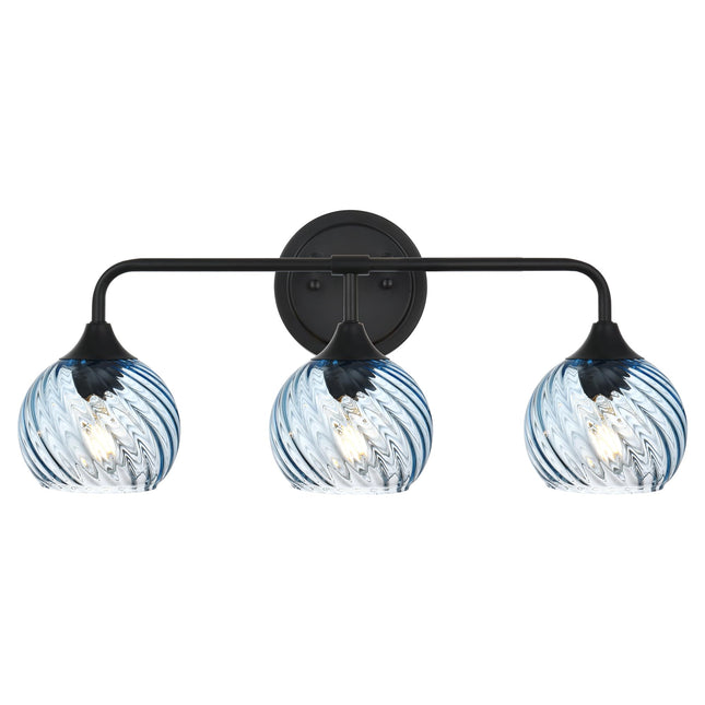 MELUCEE 25 Inch Bathroom Light Fixtures Black, 3-Light Vanity Lights with Blue Striped Swirl Glass Shade, Mid-Century Modern Bathroom Vanity Light Over Mirror