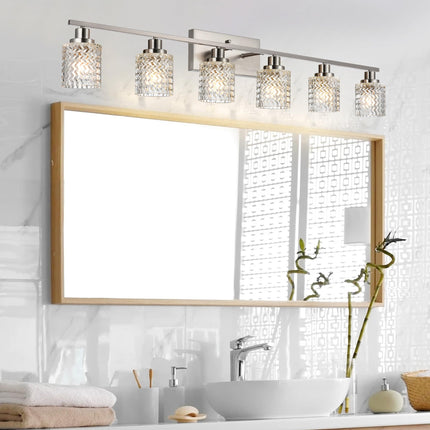 MELUCEE 6 Lights Bathroom Lighting Fixtures Over Mirror Brushed Nickel with Hammered Glass Shade, Vanity Light Indoor Wall Mounted Lamp for Bathroom Bedroom Kitchen