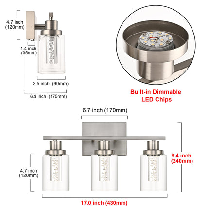MELUCEE 3 Light LED Bathroom Light Fixtures 3000K-6000K Dimmable Vanity Lights Bathroom Lights Over Mirror Brushed Nickel Wall Light Fixture with Crystal Bubble Clear Glass Shade, Built-in LED Chips