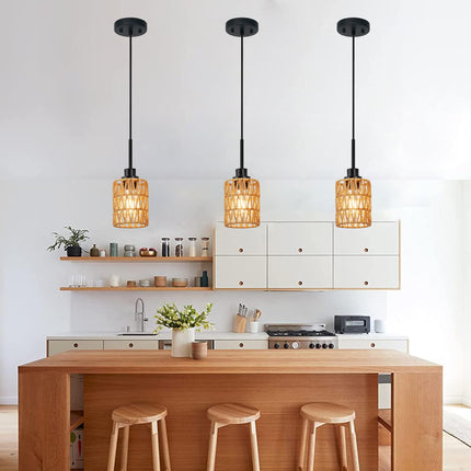 MELUEE Rattan Kitchen Island Pendant Lighting Black 3 Pack Boho Style Rattan Light Fixtures Ceiling Hanging with Hand Woven Rattan Lamp Shade for Bar Dining Room Corridor