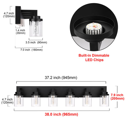 MELUCEE 6-Light Dimmable LED Bathroom Light Fixtures in Black Finish, Modern Bubble Crystal Vanity Lights for Bathroom 5CCT LED Wall Light Fixture with Clear Glass Shade, Built-in Led Chips
