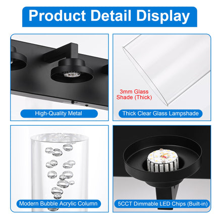 MELUCEE 6-Light Dimmable LED Bathroom Light Fixtures in Black Finish, Modern Bubble Crystal Vanity Lights for Bathroom 5CCT LED Wall Light Fixture with Clear Glass Shade, Built-in Led Chips