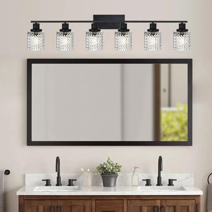 MELUCEE 6 Lights Bathroom Lighting Fixtures Over Mirror Black with Hammered Glass Shade, Vanity Light Indoor Wall Mounted Lamp for Bathroom Bedroom Kitchen