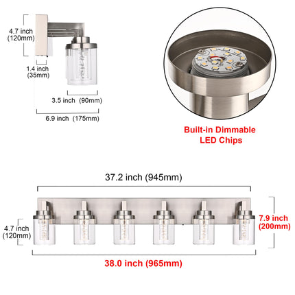 MELUCEE 6-Light LED Bathroom Light Fixtures, Modern Brushed Nickel Bubble Crystal Vanity Lights with Clear Glass Shade, Dimmable 5CCT Wall Sconce Lamp for Bathroom Restroom, Built-in Led Chips