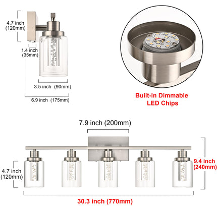 MELUCEE Bathroom Vanity Light Fixtures 5-Light Modern LED Vanity Lights for Bathroom Brushed Nickel with Crystal Bubble Clear Glass Shade, Dimmable Wall Light 3000K-6000K, Built-in LED Chips