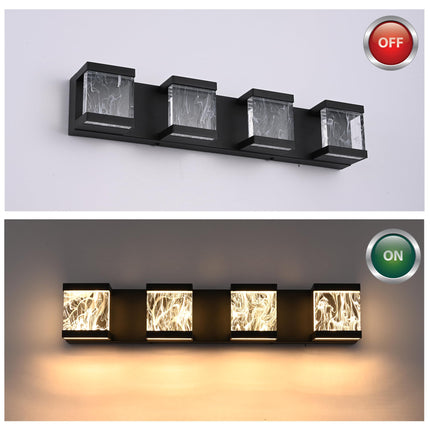 MELUCEE 4 Lights LED Bathroom Vanity Light with Unique Smoke Acrylic Panel Modern Vanity Lighting Black Bathroom Light Fixtures Wall Sconce for Bath Powder Room Entryway, 20W 3000K Warm Lighting