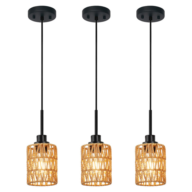 MELUEE Rattan Kitchen Island Pendant Lighting Black 3 Pack Boho Style Rattan Light Fixtures Ceiling Hanging with Hand Woven Rattan Lamp Shade for Bar Dining Room Corridor