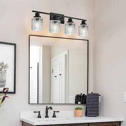 MELUCEE Matte Black Vanity Light 4 Lights Modern Bathroom Light Fixtures with Hammered Glass Shade, Indoor Metal Wall Lights for Powder Room Hallway Kitchen, E26 Base