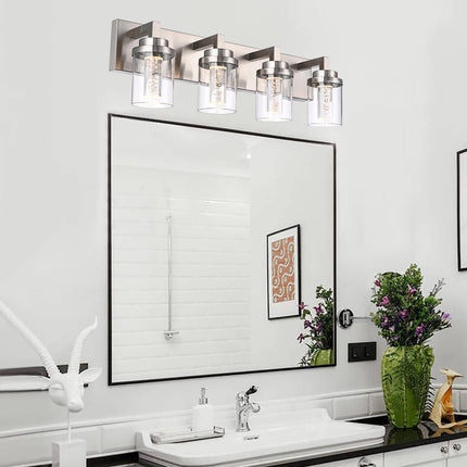 MELUCEE 4-Light Bathroom Lighting Fixtures Brushed Nickel, Dimmable LED Vanity Light for Bathroom 5CCT Bubble Crystal Bath Wall Lights with Clear Glass Shade, Built-in Led Chips