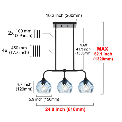 MELUCEE 3-Light Island Lights for Kitchen Island Linear Chandelier Black with Blue Striped Swirl Glass Shade Modern Dining Table Light for Bar Dining Room Kitchen Island Over Sink, Height Adjustable