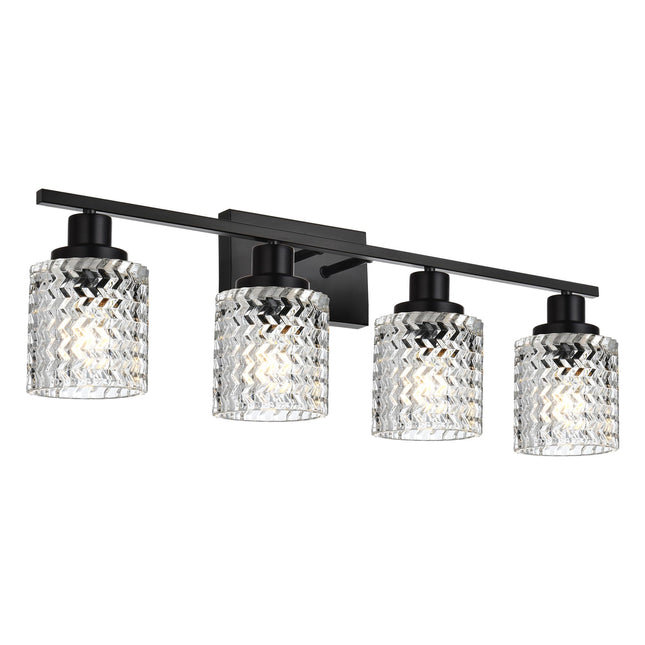 MELUCEE Matte Black Vanity Light 4 Lights Modern Bathroom Light Fixtures with Hammered Glass Shade, Indoor Metal Wall Lights for Powder Room Hallway Kitchen, E26 Base