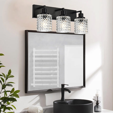 MELUCEE 3-Light Bathroom Vanity Light Black Finish, Farmhouse Wall Mount Light Fixture with Hammered Glass Shade Metal Wall Sconce Above Mirror Sink Cabinet Dressing Table