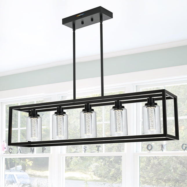 MELUCEE Dining Room Light Fixtures Over Table, 5 Light Black Kitchen Island Lighting LED Pendant Light, Linear Bubble Crystal Chandelier with Clear Glass, Built in LED chips 5-Color Temperature Adjust