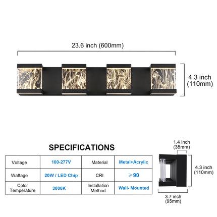 MELUCEE 4 Lights LED Bathroom Vanity Light with Unique Smoke Acrylic Panel Modern Vanity Lighting Black Bathroom Light Fixtures Wall Sconce for Bath Powder Room Entryway, 20W 3000K Warm Lighting