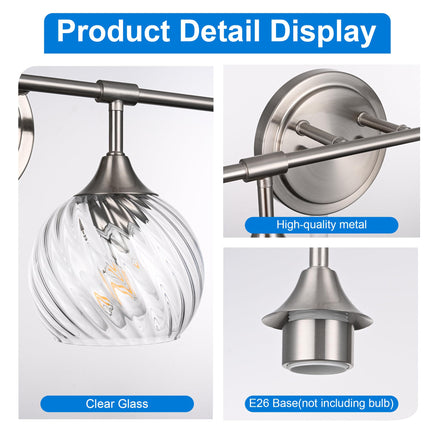 MELUCEE 5-Light Bathroom Lights Over Mirror in Brushed Nickel Finish, Modern Vanity Lights with Clear Striped Swirl Glass Shade Indoor Metal Wall Light Fixtures for Kitchen Powder Room Foyer