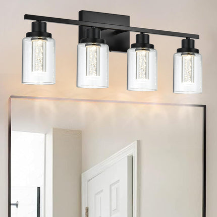 MELUCEE 4-Light LED Bathroom Lighting Fixtures Over Mirror, Dimmable LED Vanity Light for Bathroom 3000K-6000K Black Bath Wall Lights with Crystal Bubble Clear Glass Shade, Built-in LED Chips