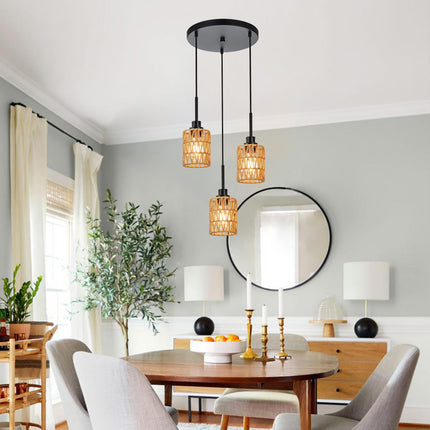 MELUCEE 3-Light Kitchen Pendant Lighting Rattan Light Fixture Ceiling Hanging with Hand Woven Rattan Lamp Shade, Farmhouse Cluster Pendant Light for Dining Room Foyer Entryway