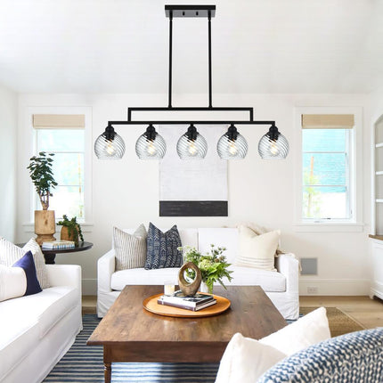 MELUCEE 5 Light Kitchen Pendant Lighting Over Island with Clear Striped Swirl Globe Glass, Linear Island Lighting Fixtures Hanging Balck Chandelier for Dining Room Kitchen Living Room