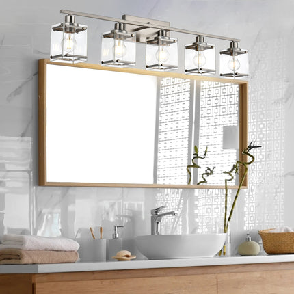 MELUCEE Bathroom Light Fixtures 5 Lights, Brushed Nickel Vanity Lighting with Rectangular Clear Glass Shade