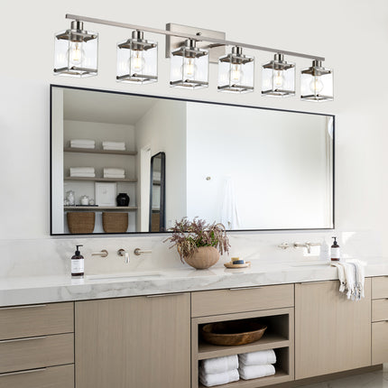 MELUCEE 6-Light Bathroom Vanity Light, Industrial Wall Lights in Brushed Nickel Finish with Rectangular Clear Glass Shade