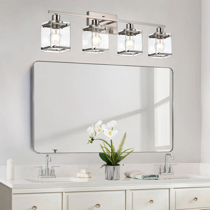 MELUCEE Modern Vanity Light Fixtures, 4-Light Brushed Nickel Bathroom Vanity Lights Over Mirror with Rectangular Clear Glass