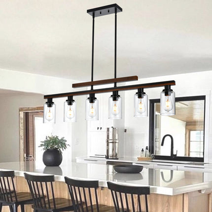 MELUCEE 6-Light Farmhouse Chandeliers Rustic Wood Pendant Light Black Finish with Clear Glass Shade