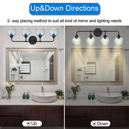 MELUCEE Bathroom Light Fixtures Black Vanity Light with Blue Striped Swirl Glass Shade, 4 Light Modern Wall Light Fixtures for Mirror Kitchen Living Room Bedroom Hallway