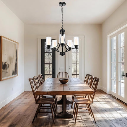 MELUCEE LED Modern Chandeliers for Dining Room 5 Lights Contemporary Kitchen Chandelier with Frosted Acrylic Column Black Led Pendant Light with Seeded Glass Shade, Built-in LED Chips, 5CCT Adjustable