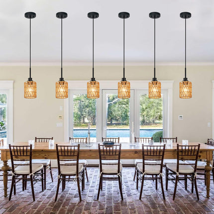 MELUCEE 2 Pack Rattan Hanging Light Fixture Boho Pendant Light Black Adjustable Dining Table Light Fixture with Rattan Lamp Shade, Set of Two Mini Pendant Lighting for Kitchen Island Hallway Stair