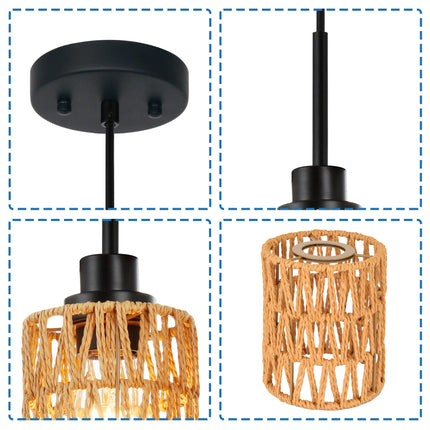 MELUCEE 2 Pack Rattan Hanging Light Fixture Boho Pendant Light Black Adjustable Dining Table Light Fixture with Rattan Lamp Shade, Set of Two Mini Pendant Lighting for Kitchen Island Hallway Stair