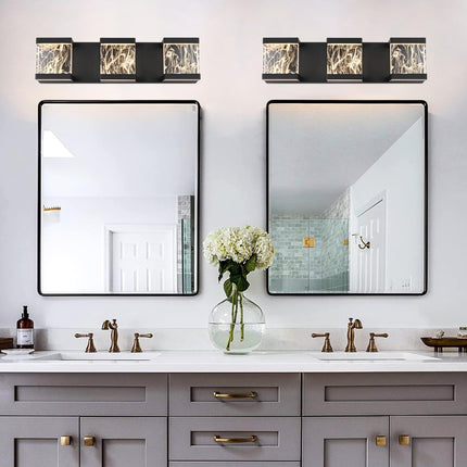 MELUCEE Modern LED Bathroom Lights Over Mirror 15W 3 Lights LED Vanity Light Bar with Unique Smoke Acrylic Panel Black Bathroom Wall Light Fixtures for Bath Powder Room, 3000K Warm Lighting