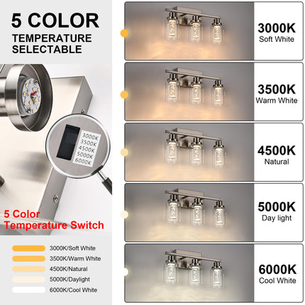 MELUCEE 3 Light LED Bathroom Light Fixtures 3000K-6000K Dimmable Vanity Lights Bathroom Lights Over Mirror Brushed Nickel Wall Light Fixture with Crystal Bubble Clear Glass Shade, Built-in LED Chips