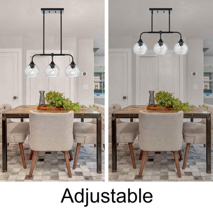MELUCEE Dining Room Chandeliers with Clear Striped Swirl Glass Shade, 3 Light Black Kitchen Island Lighting Fixtures Ceiling Linear Pendant Light for Kitchen Dining Room Bar, Height Adjustable
